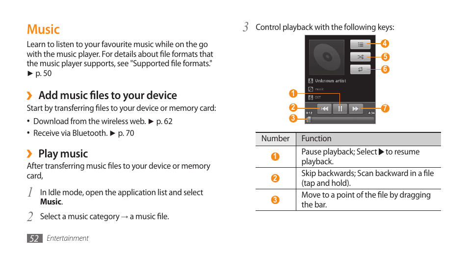 Music, Add music files to your device, Play music | Samsung Galaxy 5 i5500 User Manual | Page 52 / 108