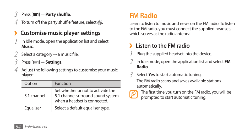 Fm radio | Samsung Galaxy 5 i5500 User Manual | Page 54 / 108