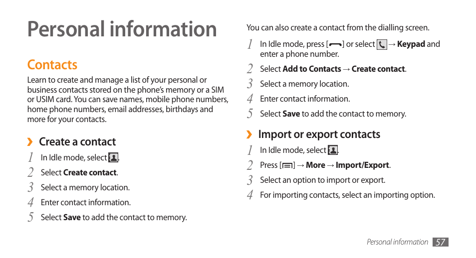 Personal information, Contacts | Samsung Galaxy 5 i5500 User Manual | Page 57 / 108