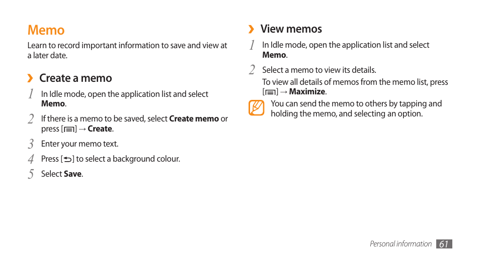 Memo | Samsung Galaxy 5 i5500 User Manual | Page 61 / 108