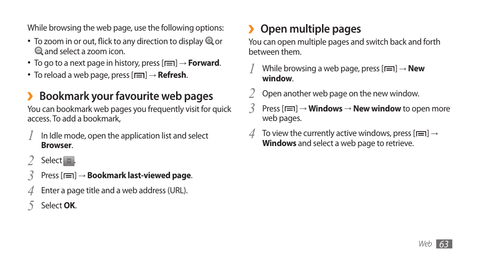Open multiple pages, Bookmark your favourite web pages | Samsung Galaxy 5 i5500 User Manual | Page 63 / 108