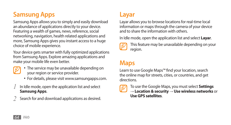 Samsung apps, Layar, Maps | Samsung apps layar maps | Samsung Galaxy 5 i5500 User Manual | Page 64 / 108
