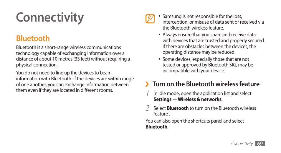 Connectivity, Bluetooth | Samsung Galaxy 5 i5500 User Manual | Page 69 / 108