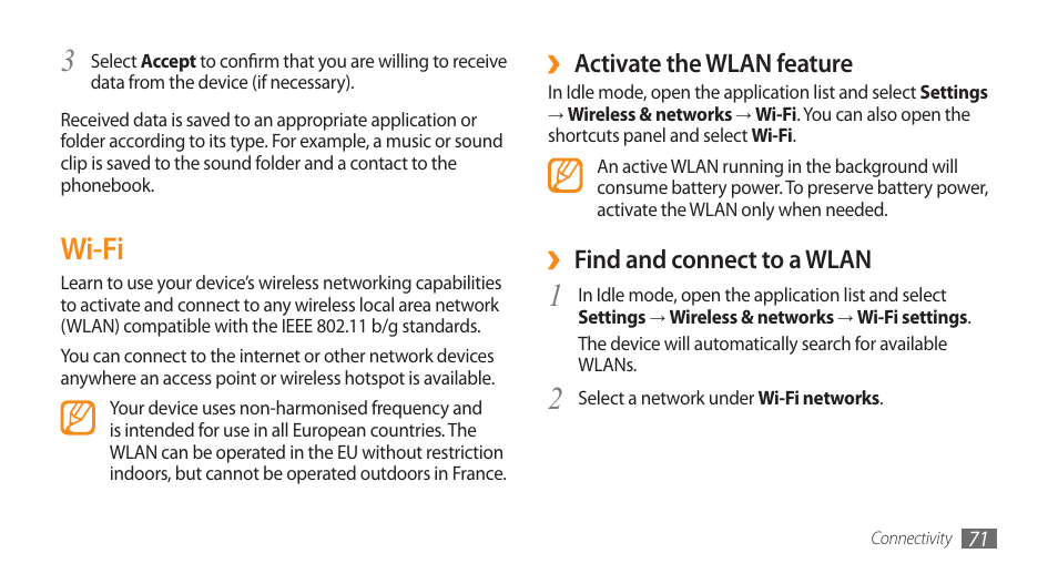 Wi-fi, Activate the wlan feature, Find and connect to a wlan | Samsung Galaxy 5 i5500 User Manual | Page 71 / 108