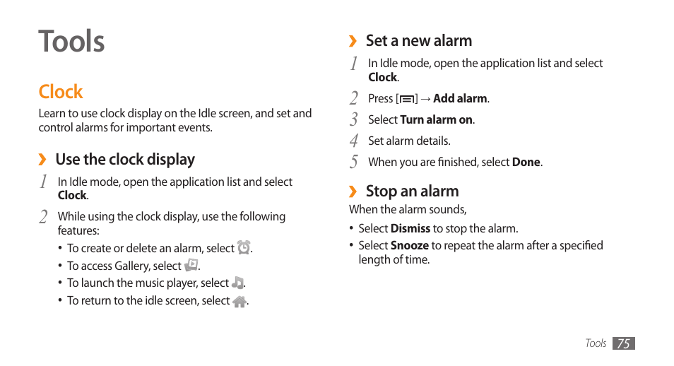 Tools, Clock | Samsung Galaxy 5 i5500 User Manual | Page 75 / 108