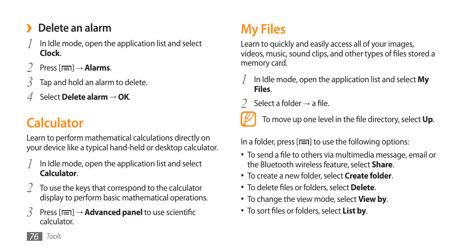 Calculator, My files, Calculator my files | Samsung Galaxy 5 i5500 User Manual | Page 76 / 108