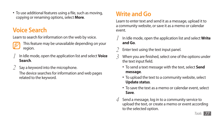 Voice search, Write and go, Voice search write and go | Samsung Galaxy 5 i5500 User Manual | Page 77 / 108