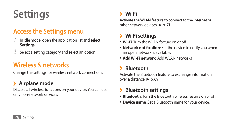 Settings, Access the settings menu, Wireless & networks | Access the settings menu wireless & networks, 2wireless & networks | Samsung Galaxy 5 i5500 User Manual | Page 78 / 108