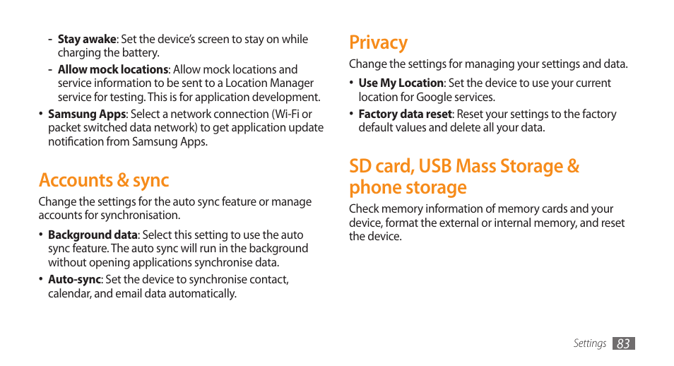 Accounts & sync, Privacy, Sd card, usb mass storage & phone storage | Accounts & sync privacy sd card, usb mass storage, Phone storage | Samsung Galaxy 5 i5500 User Manual | Page 83 / 108