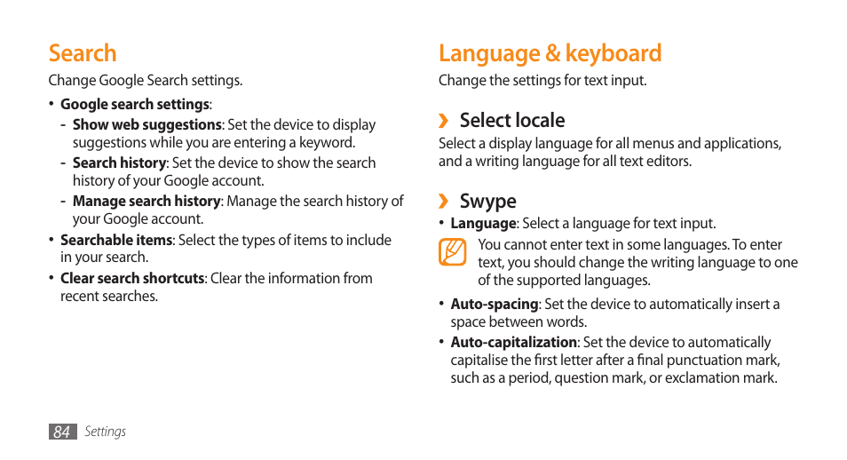 Search, Language & keyboard, Search language & keyboard | Select locale, Swype | Samsung Galaxy 5 i5500 User Manual | Page 84 / 108