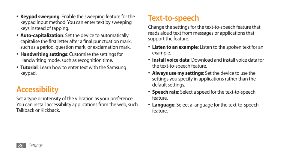 Accessibility, Text-to-speech, Accessibility text-to-speech | Samsung Galaxy 5 i5500 User Manual | Page 86 / 108