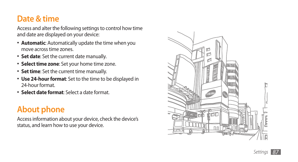 Date & time, About phone, Date & time about phone | Samsung Galaxy 5 i5500 User Manual | Page 87 / 108