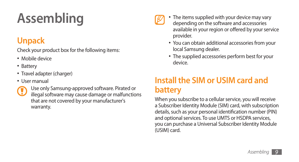 Assembling, Unpack, Install the sim or usim card and battery | Unpack install the sim or usim card and battery | Samsung Galaxy 5 i5500 User Manual | Page 9 / 108