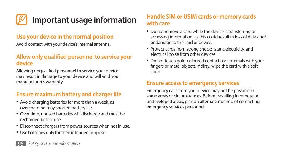 Important usage information | Samsung Galaxy 5 i5500 User Manual | Page 98 / 108