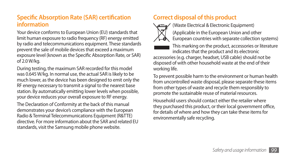 Correct disposal of this product | Samsung Galaxy 5 i5500 User Manual | Page 99 / 108