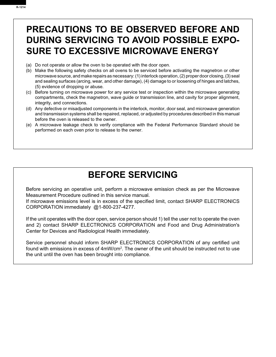 Before servicing | Sharp R-1214 User Manual | Page 2 / 13