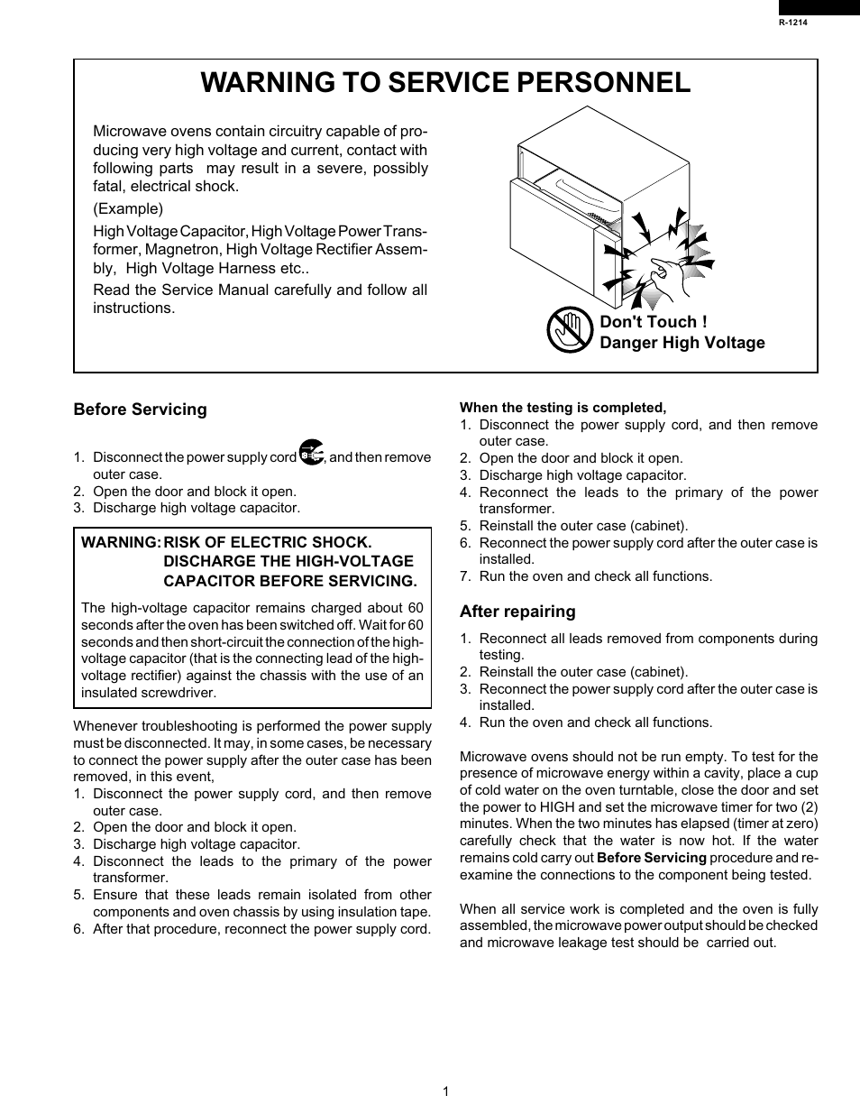 Warning to service personnel | Sharp R-1214 User Manual | Page 3 / 13