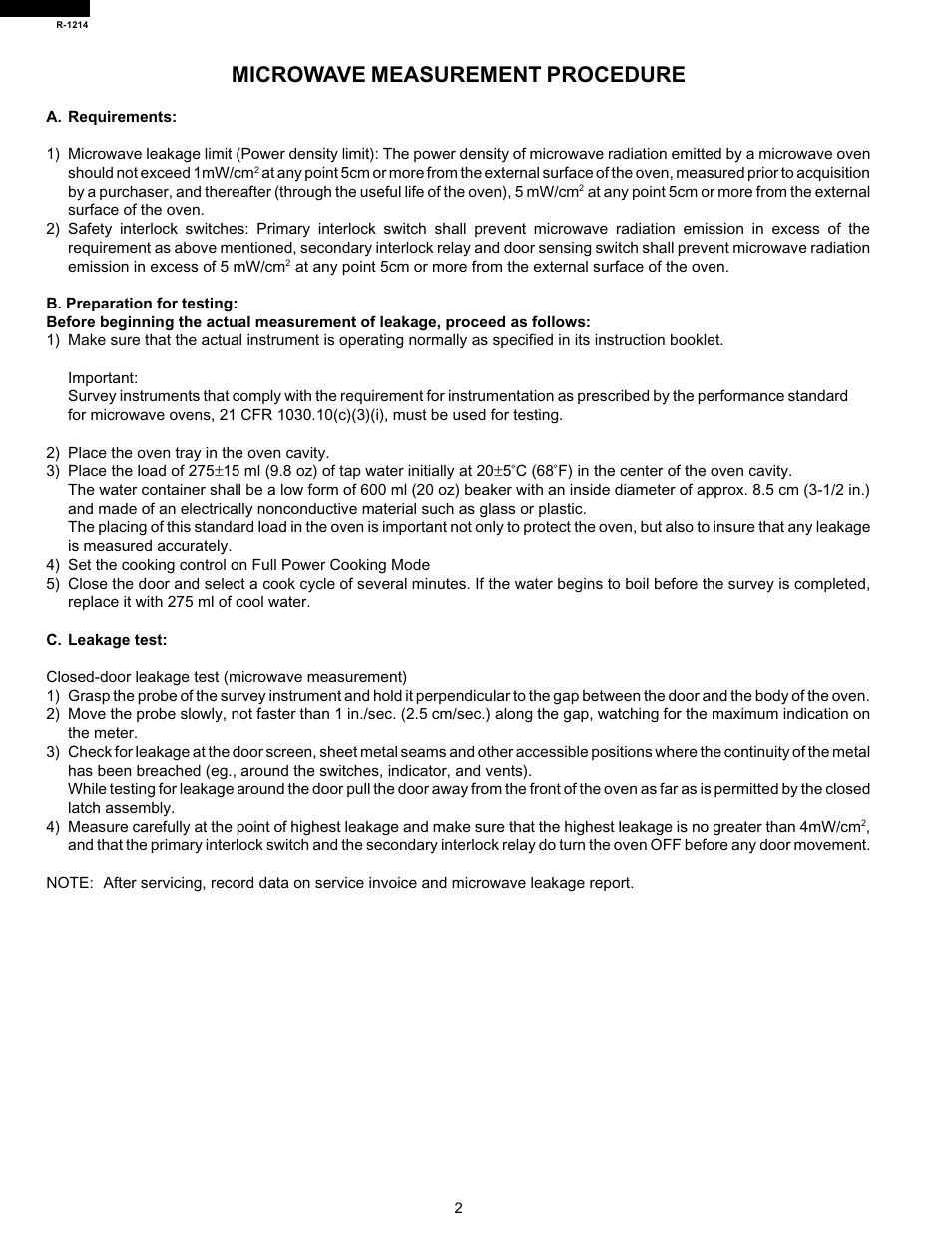 Microwave measurement procedure | Sharp R-1214 User Manual | Page 4 / 13