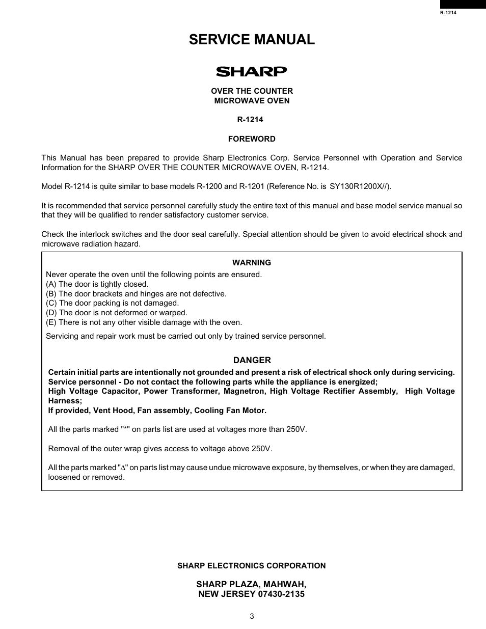 Service manual | Sharp R-1214 User Manual | Page 5 / 13