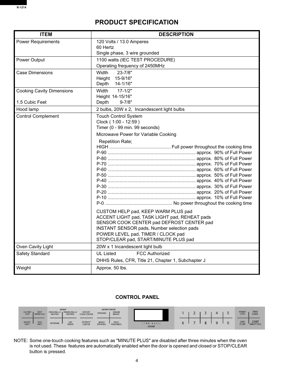 Product specification | Sharp R-1214 User Manual | Page 6 / 13