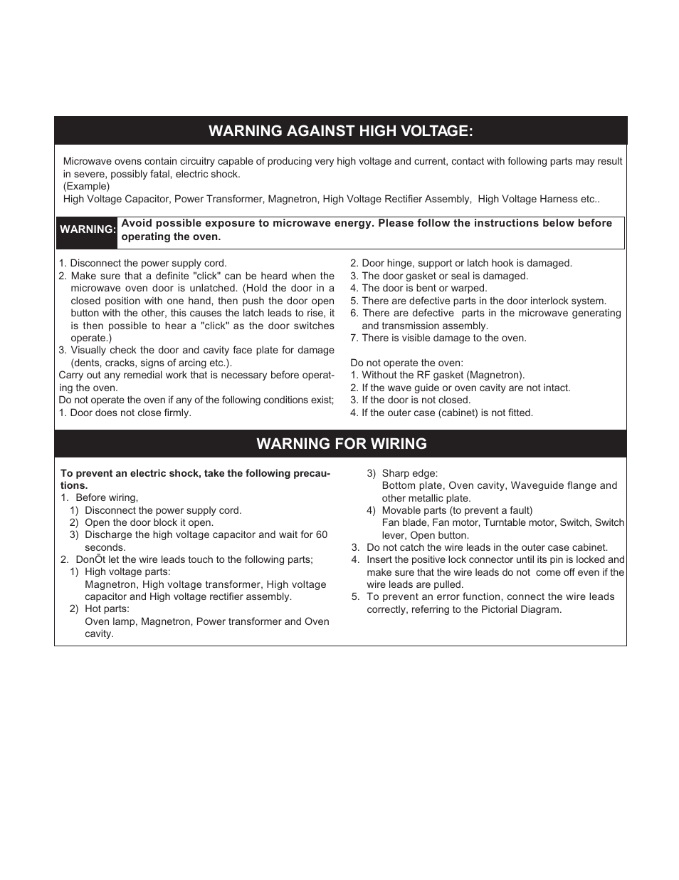 Component replacement and adjustment procedure, 1] warnings, Chapter 11 | Component replacement and adjustment proce- dure, Warning against high voltage, Warning for wiring | Sharp Carousel R-305KS User Manual | Page 25 / 40