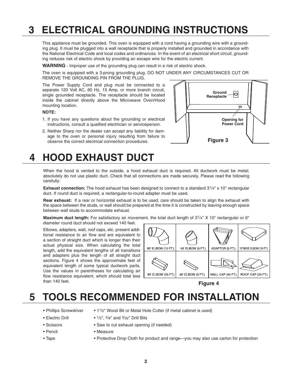 3 electrical grounding instructions, 4 hood exhaust duct, 5 tools recommended for installation | Sharp Carousel R-305KS User Manual | Page 2 / 8