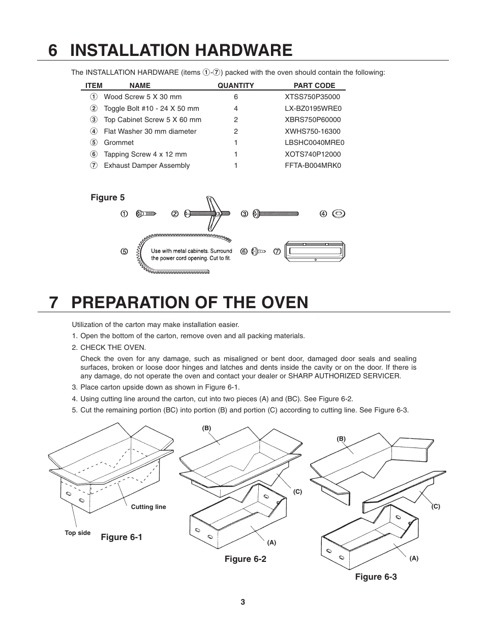 6 installation hardware, 7 preparation of the oven | Sharp Carousel R-305KS User Manual | Page 3 / 8