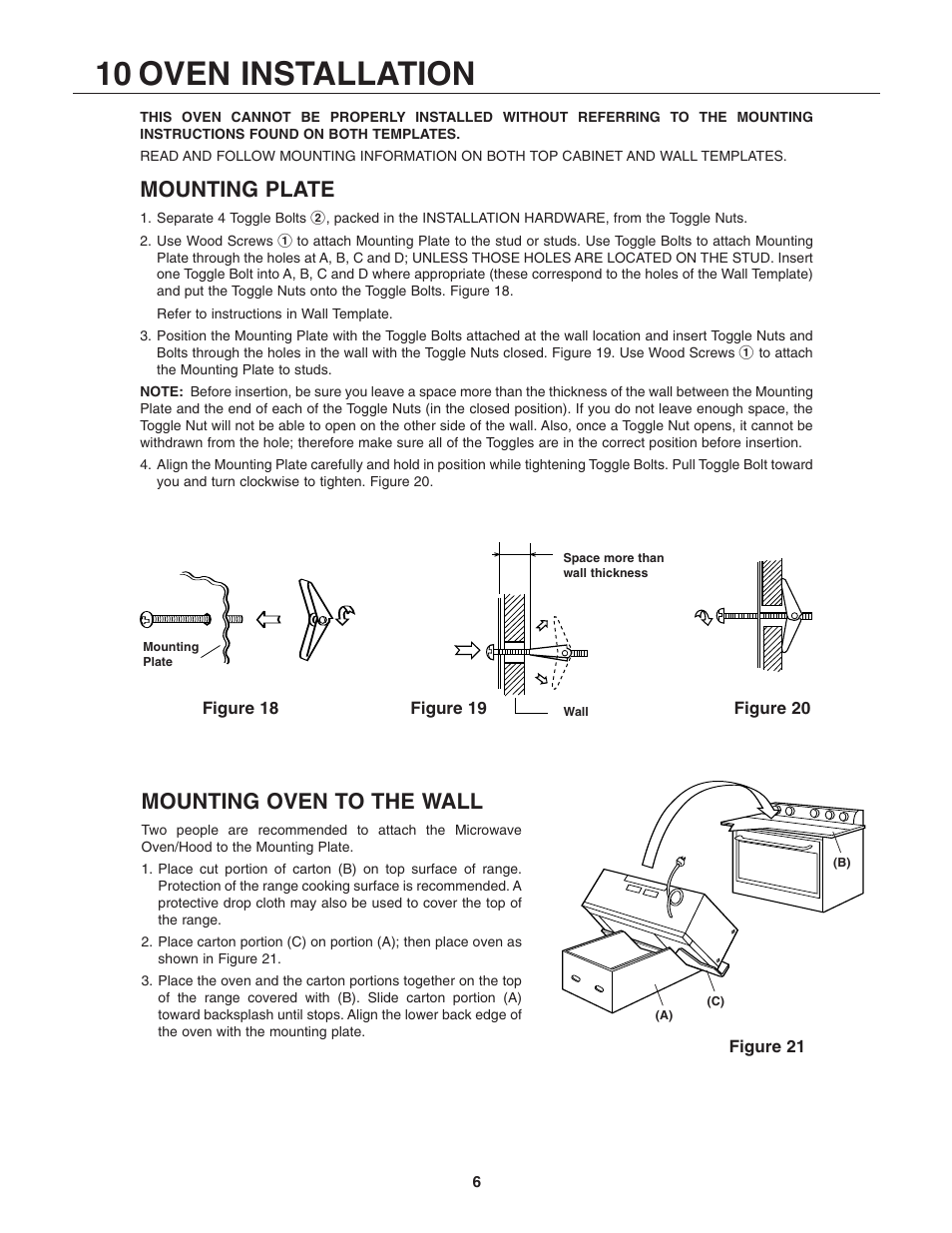 10 oven installation, Mounting plate, Mounting oven to the wall | Sharp Carousel R-305KS User Manual | Page 6 / 8