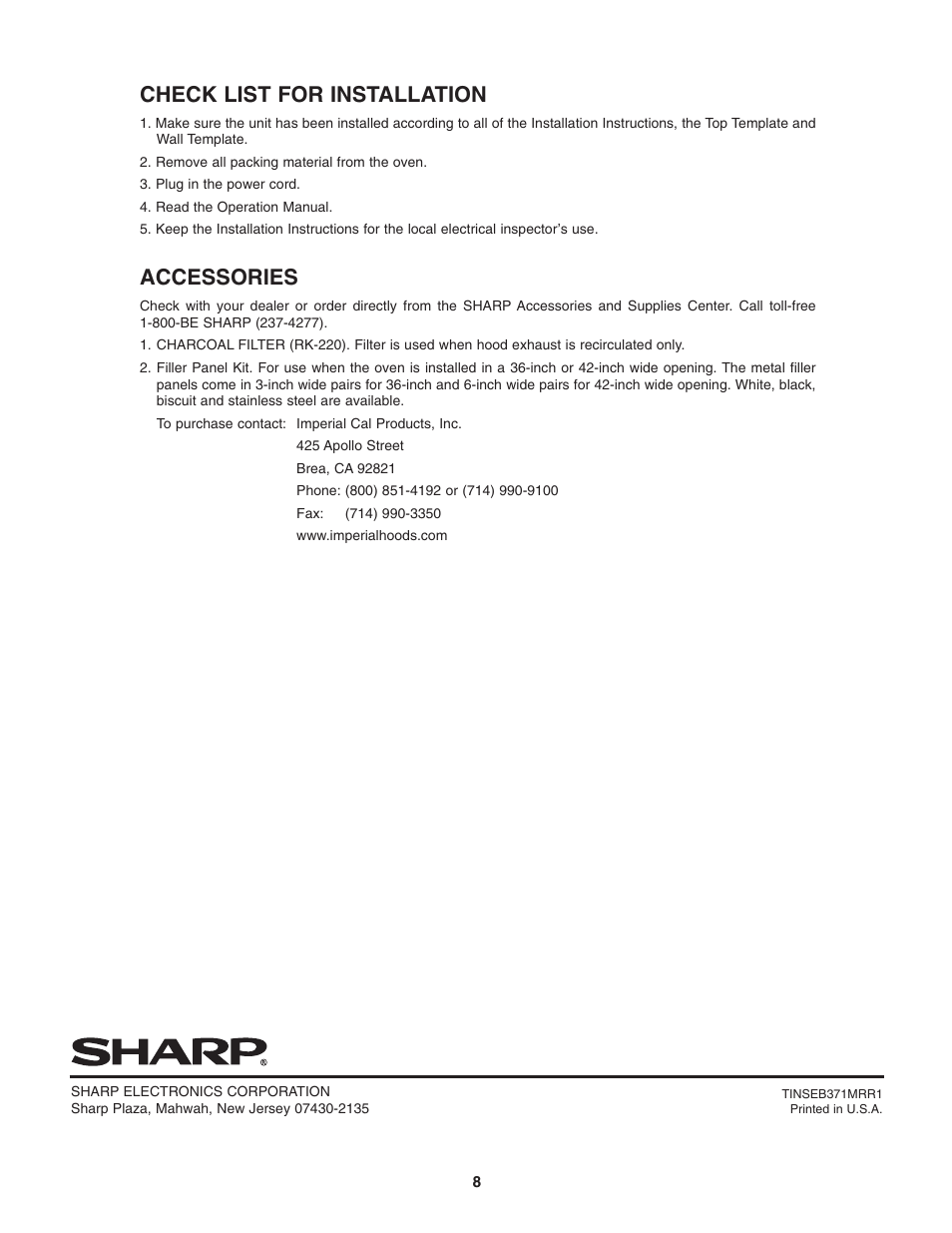 Check list for installation, Accessories | Sharp Carousel R-305KS User Manual | Page 8 / 8