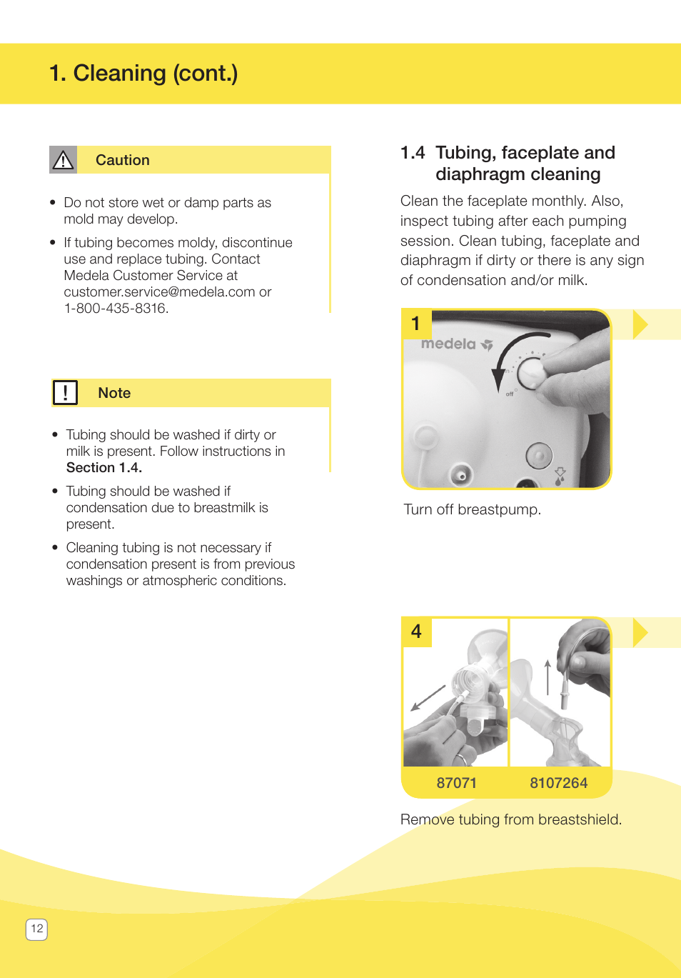 Cleaning (cont.), 4 tubing, faceplate and diaphragm cleaning | Medela Pump In Style User Manual | Page 12 / 100