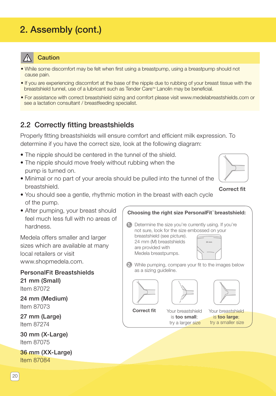 Assembly (cont.), 2 correctly fi tting breastshields | Medela Pump In Style User Manual | Page 20 / 100