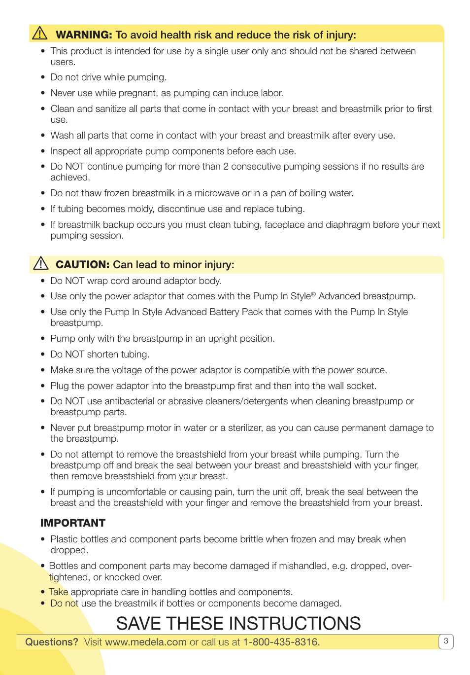Save these instructions | Medela Pump In Style User Manual | Page 3 / 100