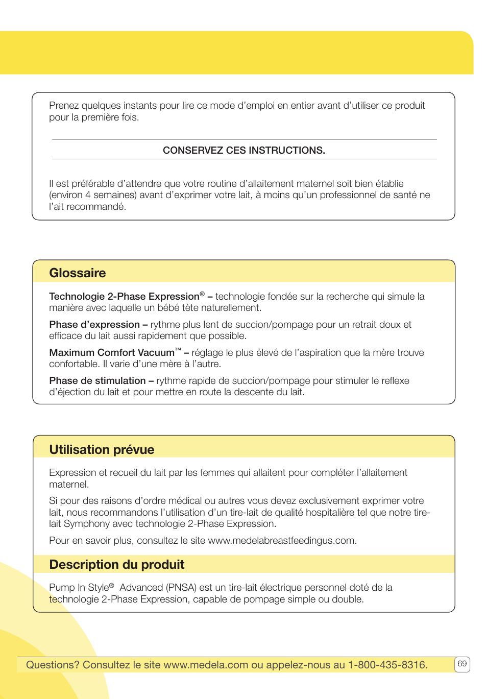 Glossaire, Utilisation prévue, Description du produit | Medela Pump In Style User Manual | Page 69 / 100
