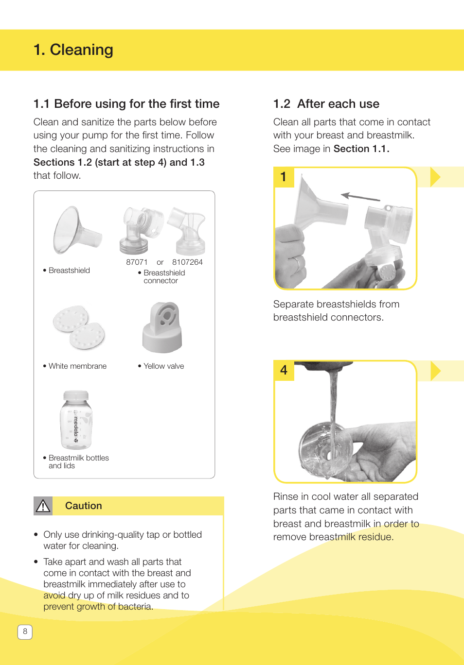 Cleaning, 1 before using for the fi rst time, 2 after each use | Medela Pump In Style User Manual | Page 8 / 100