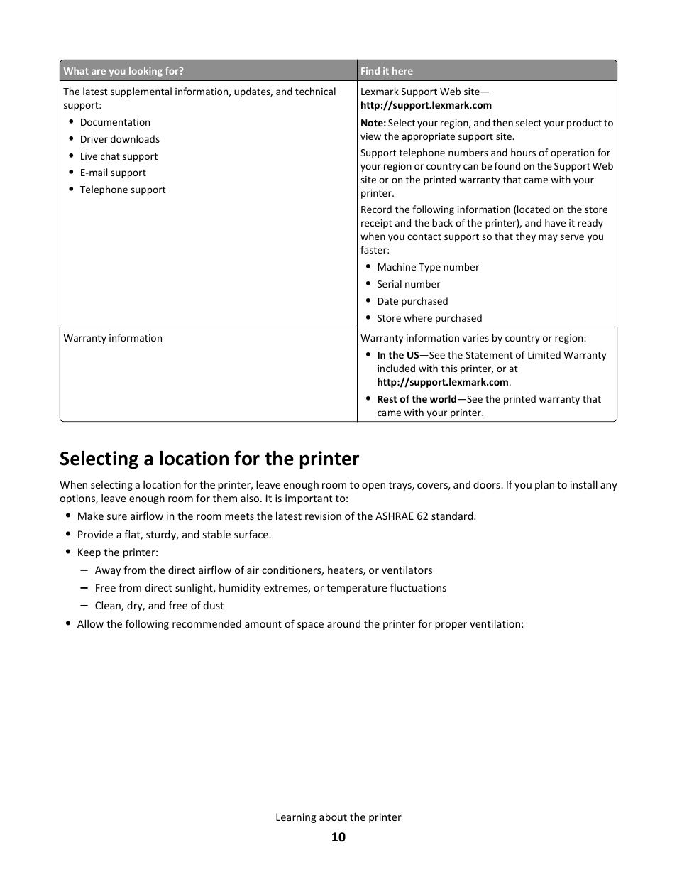 Selecting a location for the printer | Lexmark E260dn User Manual | Page 10 / 142