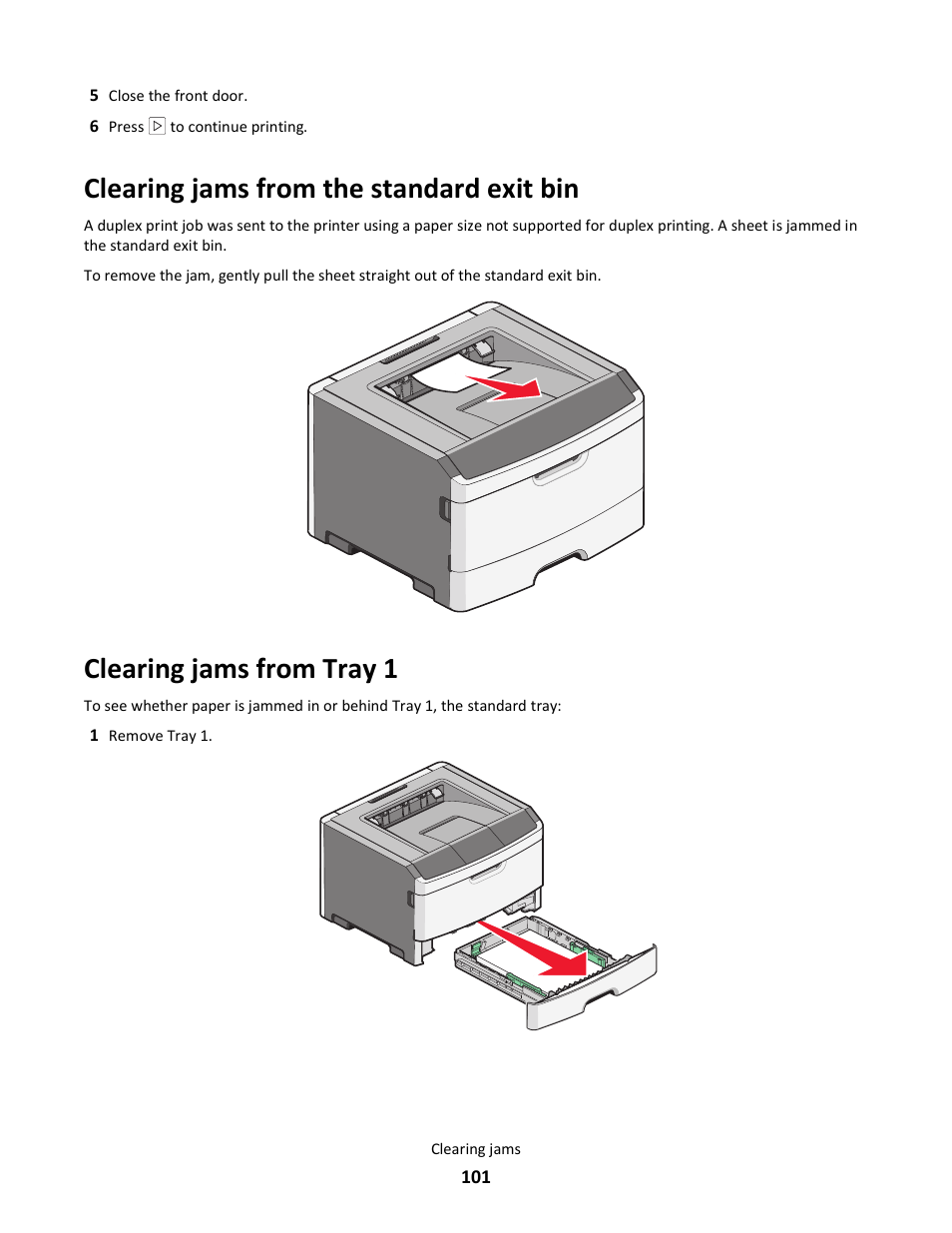 Clearing jams from the standard exit bin, Clearing jams from tray 1 | Lexmark E260dn User Manual | Page 101 / 142