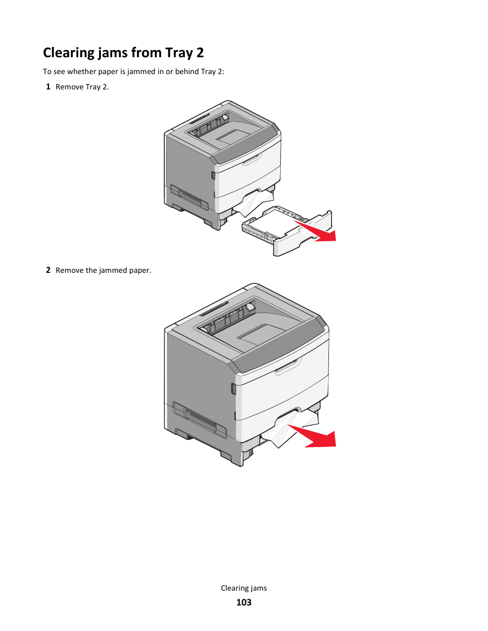Clearing jams from tray 2 | Lexmark E260dn User Manual | Page 103 / 142