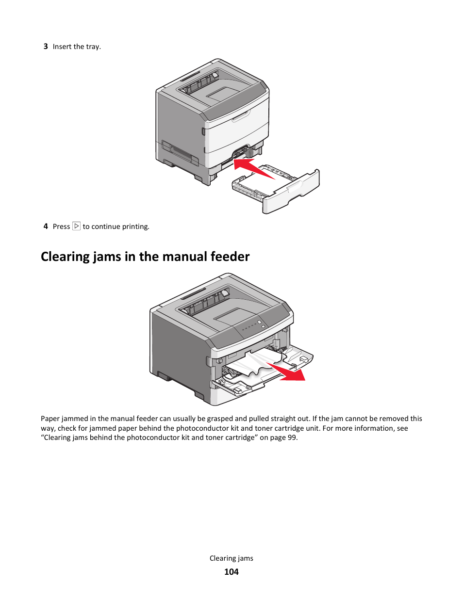 Clearing jams in the manual feeder | Lexmark E260dn User Manual | Page 104 / 142
