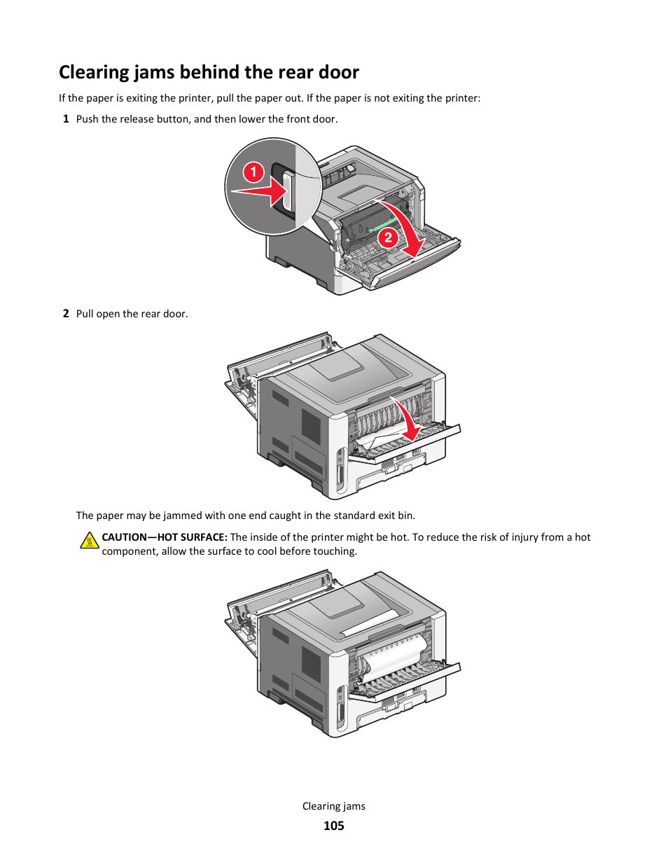 Clearing jams behind the rear door | Lexmark E260dn User Manual | Page 105 / 142