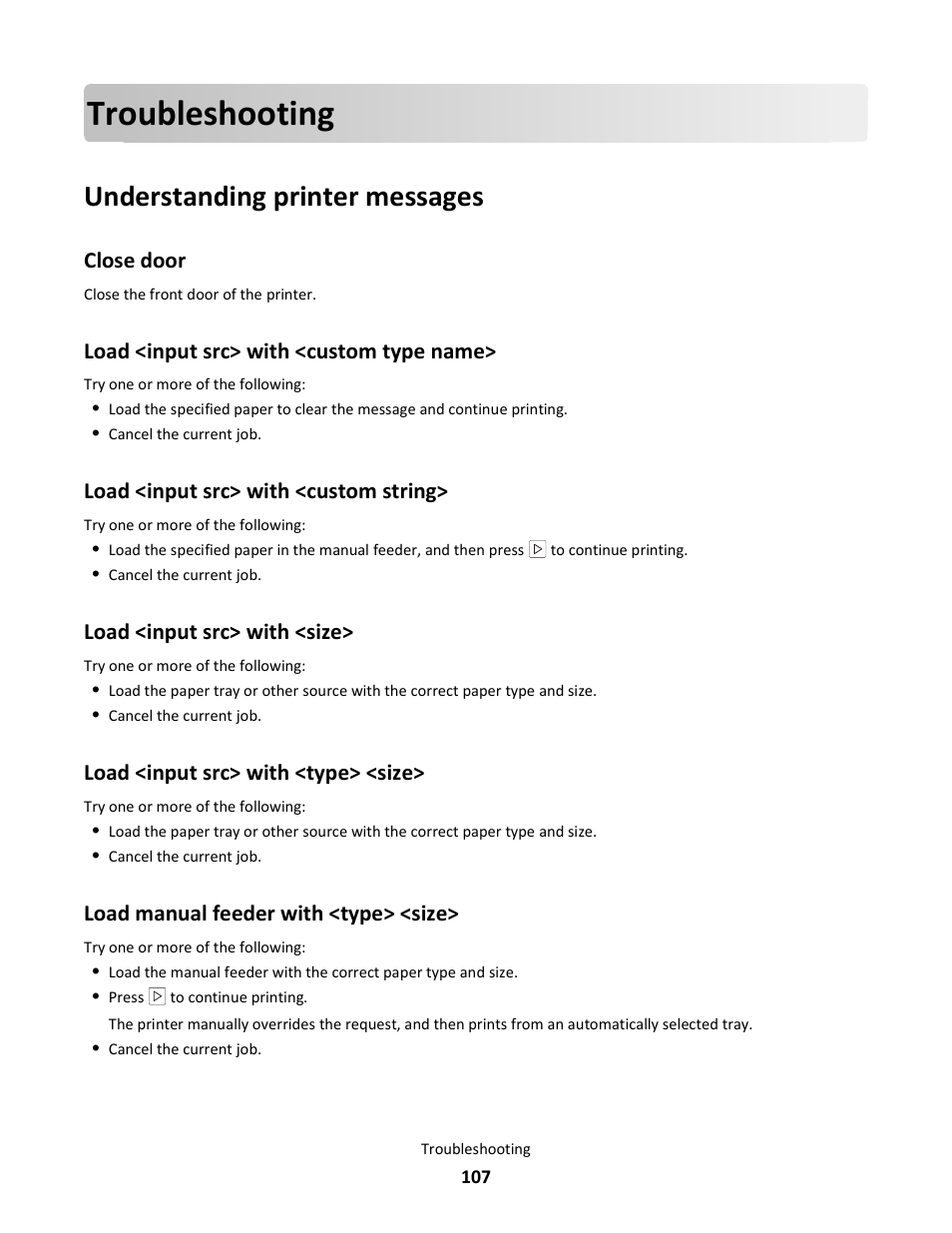 Troubleshooting, Understanding printer messages, Close door | Load <input src> with <custom type name, Load <input src> with <custom string, Load <input src> with <size, Load <input src> with <type> <size, Load manual feeder with <type> <size | Lexmark E260dn User Manual | Page 107 / 142