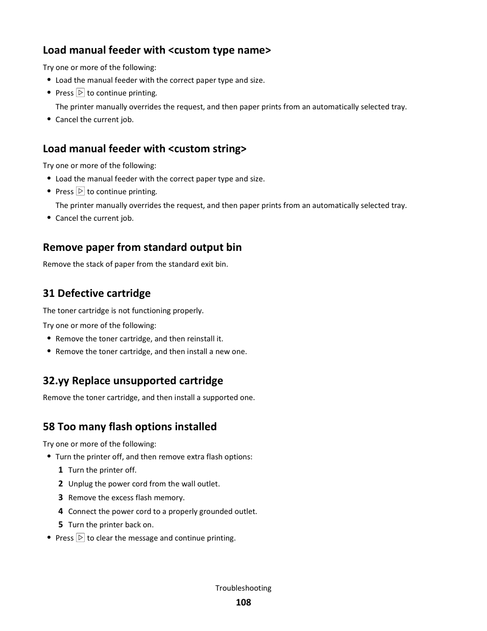 Load manual feeder with <custom type name, Load manual feeder with <custom string, Remove paper from standard output bin | 31 defective cartridge, Yy replace unsupported cartridge, 58 too many flash options installed | Lexmark E260dn User Manual | Page 108 / 142