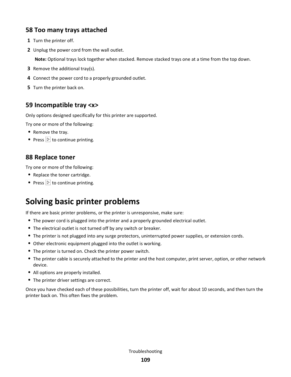 58 too many trays attached, 59 incompatible tray <x, 88 replace toner | Solving basic printer problems | Lexmark E260dn User Manual | Page 109 / 142