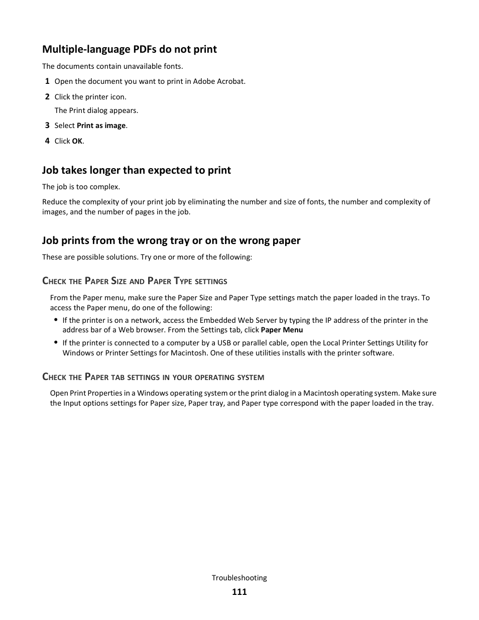 Multiple-language pdfs do not print, Job takes longer than expected to print | Lexmark E260dn User Manual | Page 111 / 142