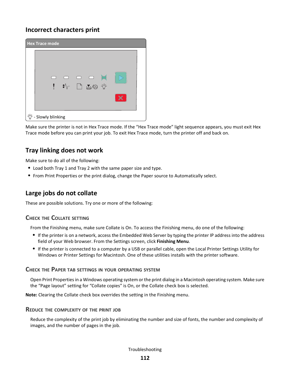 Incorrect characters print, Tray linking does not work, Large jobs do not collate | Lexmark E260dn User Manual | Page 112 / 142