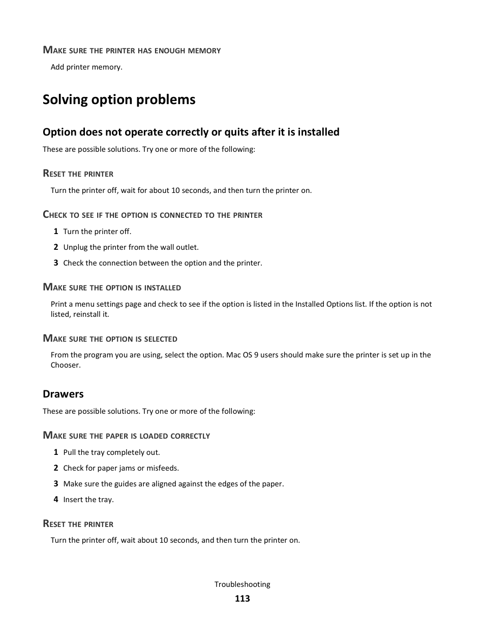 Solving option problems, Drawers | Lexmark E260dn User Manual | Page 113 / 142