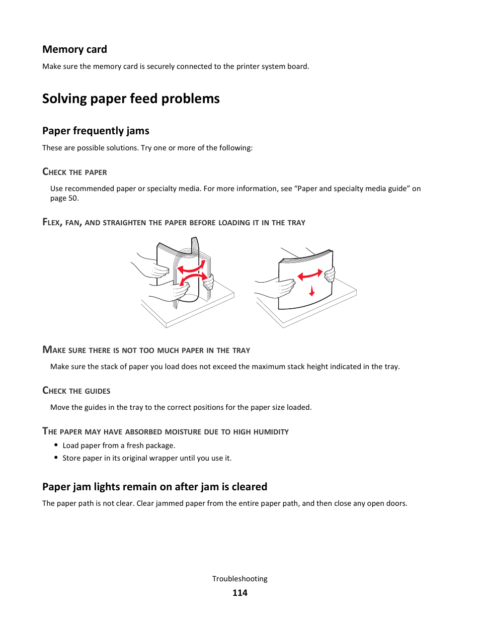 Memory card, Solving paper feed problems, Paper frequently jams | Paper jam lights remain on after jam is cleared | Lexmark E260dn User Manual | Page 114 / 142
