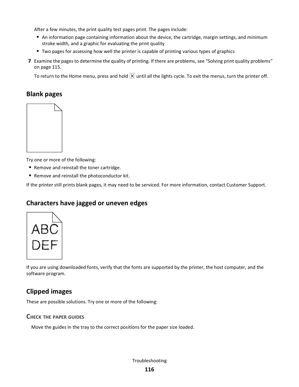 Characters have jagged or uneven edges, Clipped images, Blank pages | Lexmark E260dn User Manual | Page 116 / 142
