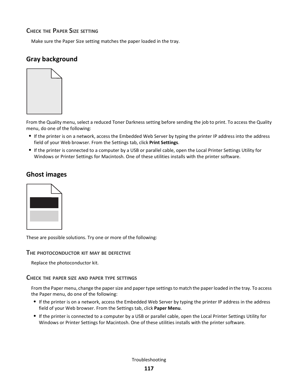 Gray background, Ghost images, Gray background ghost images | Lexmark E260dn User Manual | Page 117 / 142