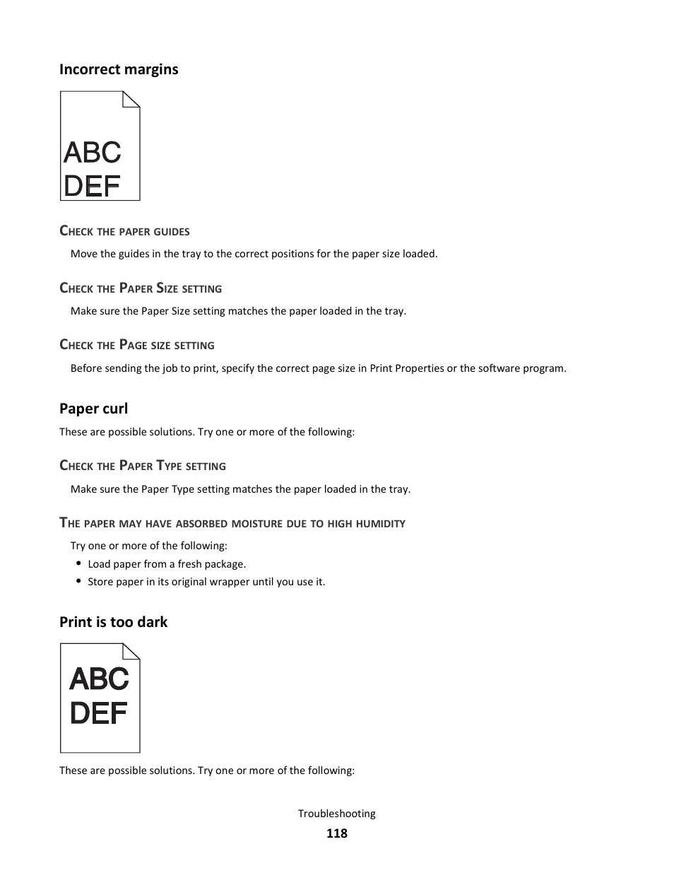 Incorrect margins, Paper curl, Print is too dark | Incorrect margins paper curl print is too dark, Incorrect margins c | Lexmark E260dn User Manual | Page 118 / 142