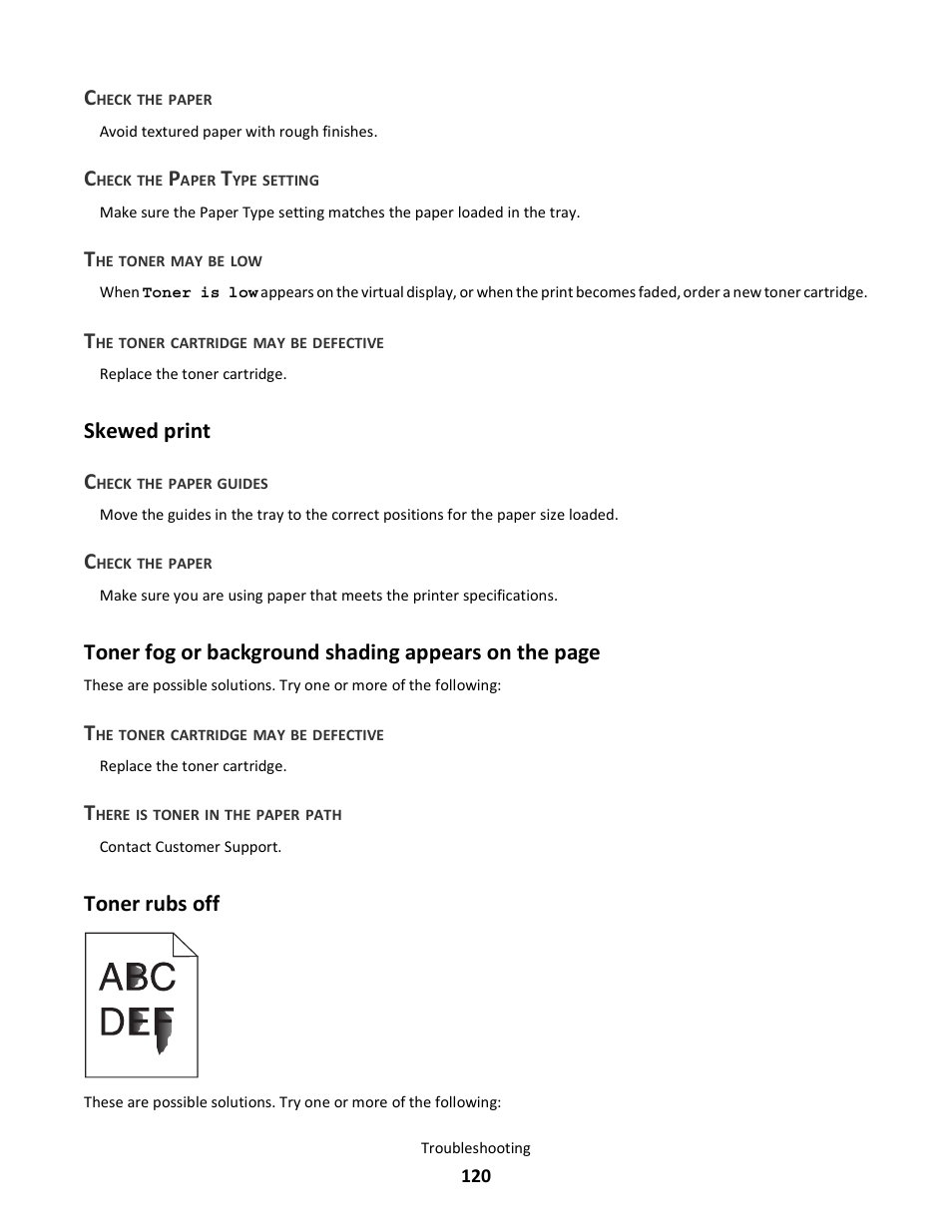 Skewed print, Toner rubs off, Skewed print c | Lexmark E260dn User Manual | Page 120 / 142